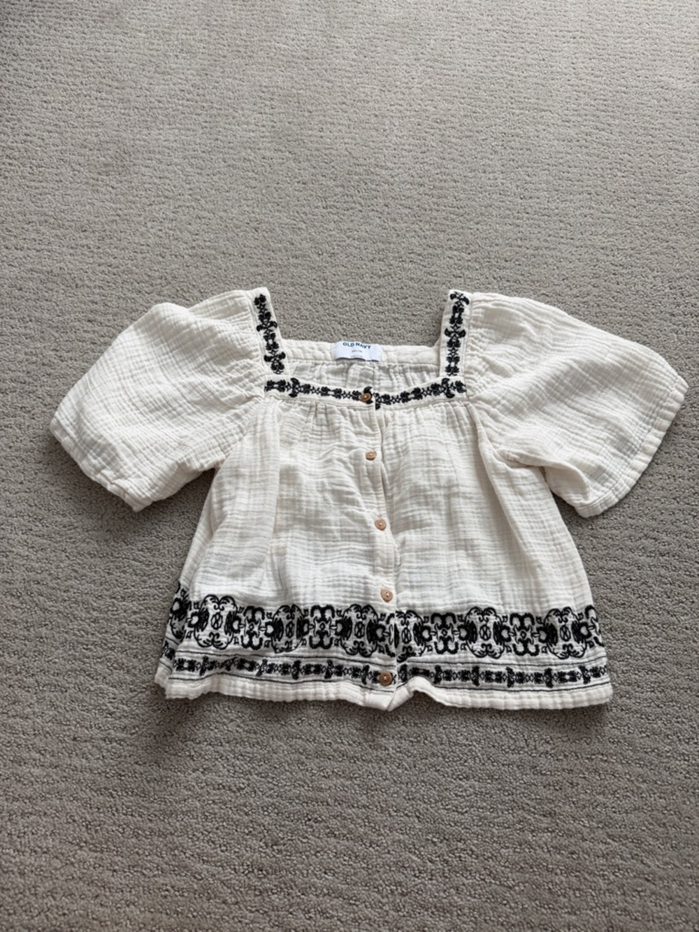 Girls White Gauze Button-Front Top with Black Embroidered Trim